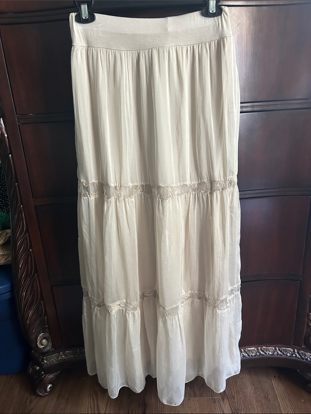 Tiered Maxi Skirt in Light Cream with Lace Trim